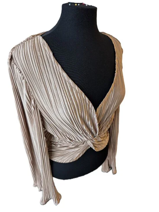 Champagne Gold Metallic Plissé Twist Knot Long Sleeve Crop | NWOT - Picture 2 of 5